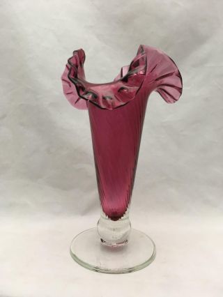 Vintage / Antique Art Glass CRANBERRY Swirl Pedestal Vase w Ruffled Top 2