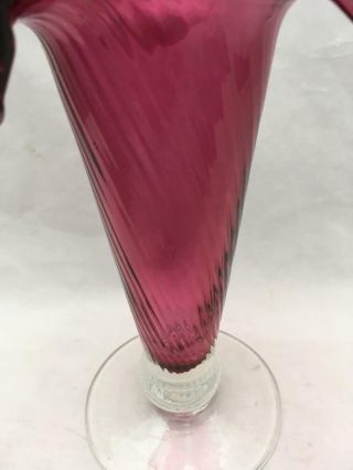Vintage / Antique Art Glass CRANBERRY Swirl Pedestal Vase w Ruffled Top 4