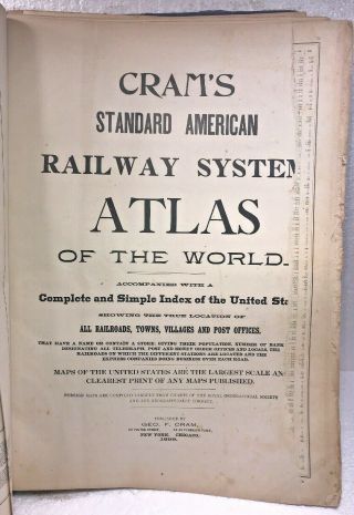 Antique 1899 Crams Standard American Railway System Atlas Of The World Huge18×12
