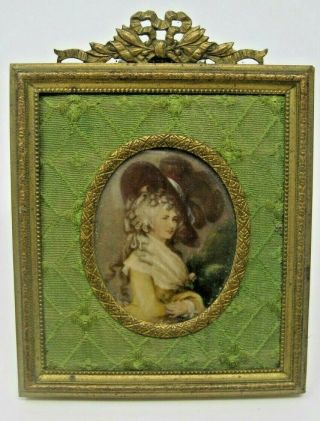 Antique Miniature Painting Hand Painted Portrait Gold Bronze Framed 19th C Satin