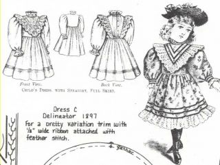 10 " Antique Millette Doll@1881 - 1899 Low - Hi Waist Yoke Dress W/variations Pattern