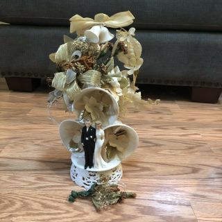 Vintage Bride & Groom Wedding Cake Topper Bells Dried Flowers Corsage Ornate 12” 2