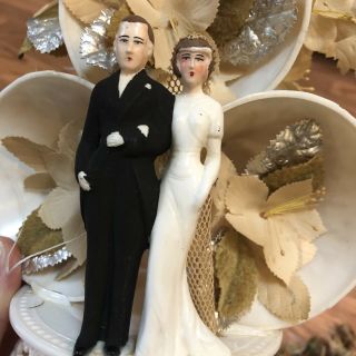 Vintage Bride & Groom Wedding Cake Topper Bells Dried Flowers Corsage Ornate 12” 7