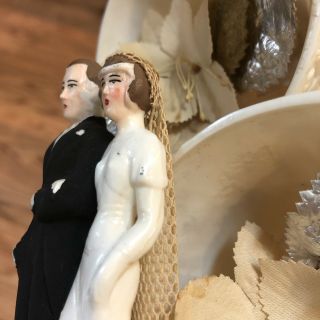 Vintage Bride & Groom Wedding Cake Topper Bells Dried Flowers Corsage Ornate 12” 8