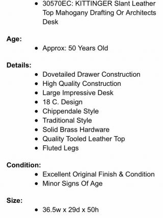 30570EC: KITTINGER Slant Leather Top Mahogany Drafting Or Architects Desk 3