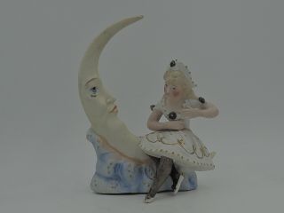 Antique Schafer & Vater German Bisque Man In The Moon Figurine Girl Match Holder
