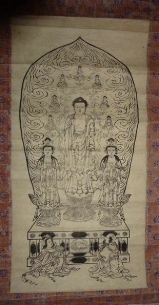 Rare Japanese Edo Period Buddhist Hanging Scroll Temple Amida Triad Buddha God