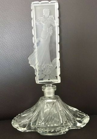 Czech Crystal Hand Made Perfume Bottle With Etched Figurine Stopper