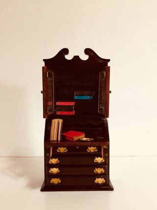 Vintage Dollhouse Fine Miniature Secretary Desk With Books And Metal Ashtray