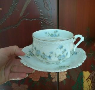 Antique Hermann Ohme Porcelain Mustache Cup & Saucer Blue Floral Motif Eglantine