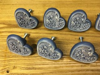 Vintage Set Of 6 Ceramic Blue Heart Shaped Floral Drawer Door Handles Pulls