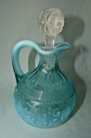 Antique Blue Opalescent Glass Cruet Northwood?