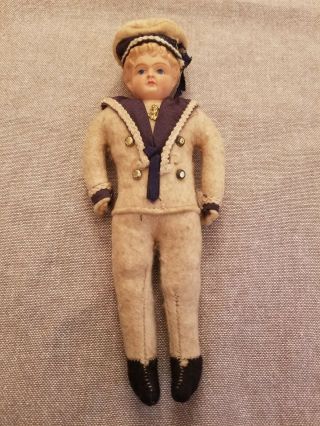 Antique Celluloid & Straw Usn United States Navy Doll Great Clothes Detail Ww1