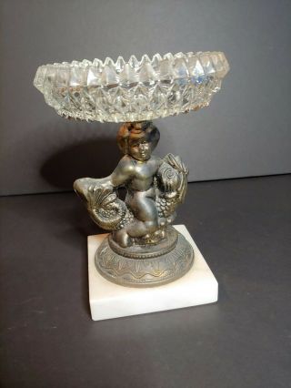 Vintage Compote Cherub Fish Dolphin Marble Base Cut Glass Candy Dish