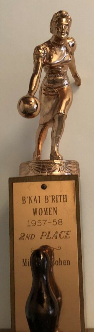 Vintage Women’s Bowling Trophy 1957 - 58 9 1/4” Tall 3