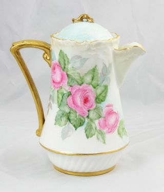Antique Elite Limoges France Hand Painted Chocolate Coffee Pot Pink Roses