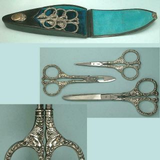 Antique Cased Set W/ 3 Pairs Of Sterling Silver Lion Motif Scissors Circa 1890
