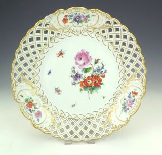 Antique Meissen Porcelain - Hand Painted Flowers Dish - Pierced Gilded Borders