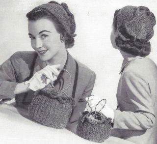Vintage Crochet Pattern To Make Mother Daughter Sm Lg Headband Hat Purse Handbag