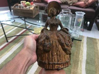 Antique Cast Iron Victorian Lady In Dress W/original Paint Door Stop Patented
