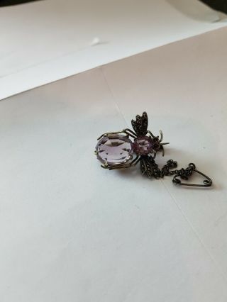 Antique White Metal Bug Brooch,  Set With Amethyst Colour Stones