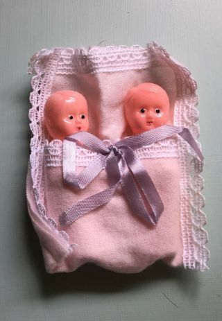 Vintage Celluloid Hard Plastic Twin Baby Girl Dolls 3 " With 4 " Blanket Carrier