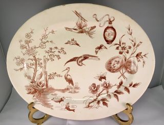 English Aesthetic Movement Brown Transferware Platter “stork” Baker & Co 1880s