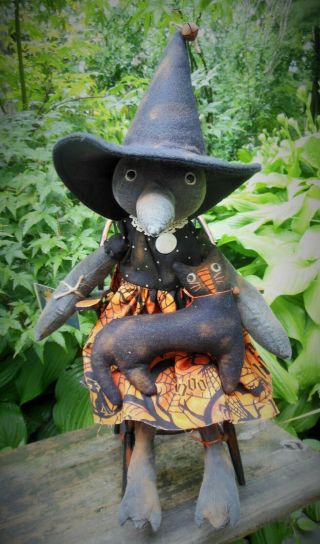 Primitive Fall Halloween Miss Crow Witch Doll Black Cat Antique Button & Lace