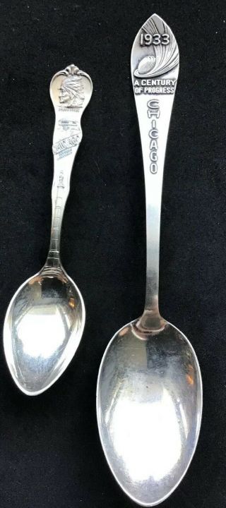2 Chicago Sterling Silver Souvenir Spoons 1933 Worlds Fair Dearborn Indian Chief