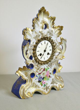 Vg French Rococo Painted And Gilt Porcelain Clock C.  1870 Antique