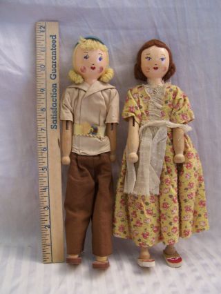 2 Vintage Antique Wooden Clothes Pin Dolls Patented 12 " Jointed Limbs
