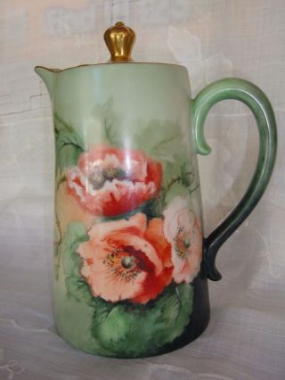 Antique Limoges D&co Chocolate / Coffee / Tea Pot,  Hand Painted Signed,  Poppies