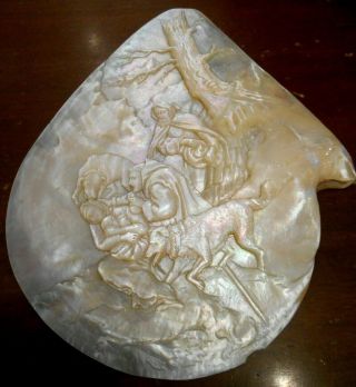 Antique Carved Mother Of Pearl Shell Wall Plaque Landscape