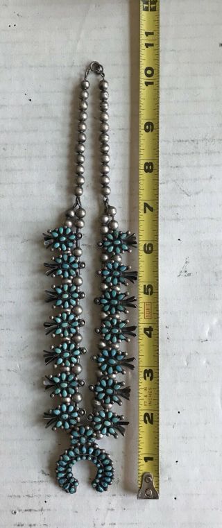 Antique Sterling Silver & Turquoise Navajo Old Pawn Squash Blossom Necklace 10