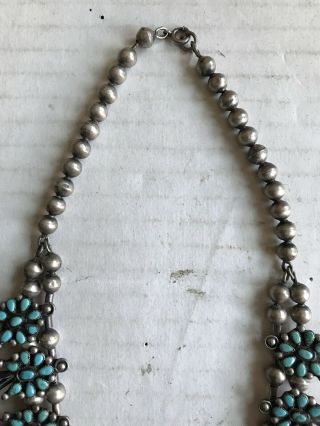 Antique Sterling Silver & Turquoise Navajo Old Pawn Squash Blossom Necklace 8