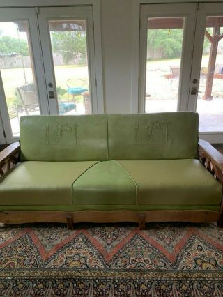 Rare Brandt Ranch Oak Cowboy Wagon Wheel Couch.  Green On Green Stunner