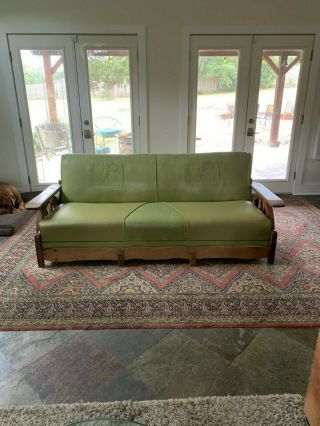 RARE Brandt Ranch Oak Cowboy wagon wheel couch.  Green on green stunner 2
