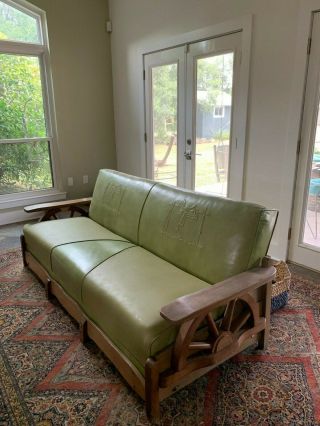 RARE Brandt Ranch Oak Cowboy wagon wheel couch.  Green on green stunner 6