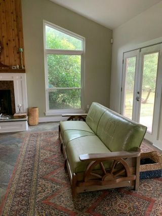 RARE Brandt Ranch Oak Cowboy wagon wheel couch.  Green on green stunner 7