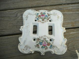 Vtg Porcelain Double Light Switch Cover Plate Floral Gold Hand Painted