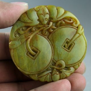 2.  3  China Old Yellow Green Jade Hand - Carved Bat Jade Belt Buckle Pendant 0398