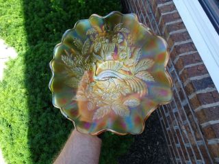 Antique Signed N Northwood Carnival Glass Peacock At The Urn Marigold Bowl