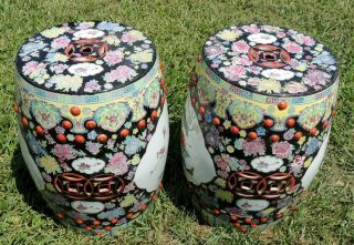 Pair Antique/Vtg Large Chinese Porcelain BIRD Barrel Garden Pedestal Stool Seats 10