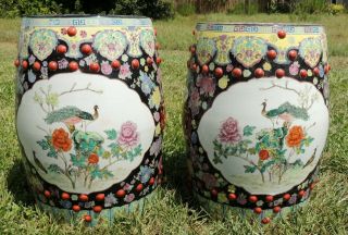 Pair Antique/vtg Large Chinese Porcelain Bird Barrel Garden Pedestal Stool Seats