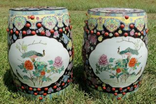 Pair Antique/Vtg Large Chinese Porcelain BIRD Barrel Garden Pedestal Stool Seats 2