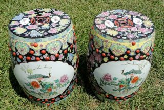 Pair Antique/Vtg Large Chinese Porcelain BIRD Barrel Garden Pedestal Stool Seats 4