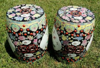 Pair Antique/Vtg Large Chinese Porcelain BIRD Barrel Garden Pedestal Stool Seats 6