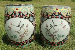 Pair Antique/Vtg Large Chinese Porcelain BIRD Barrel Garden Pedestal Stool Seats 7