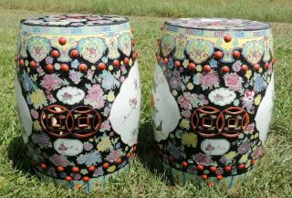 Pair Antique/Vtg Large Chinese Porcelain BIRD Barrel Garden Pedestal Stool Seats 9