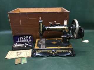 Rare Antique Ideal Decorative Cast Iron Hand Crank Sewing Machine W/ Accessories